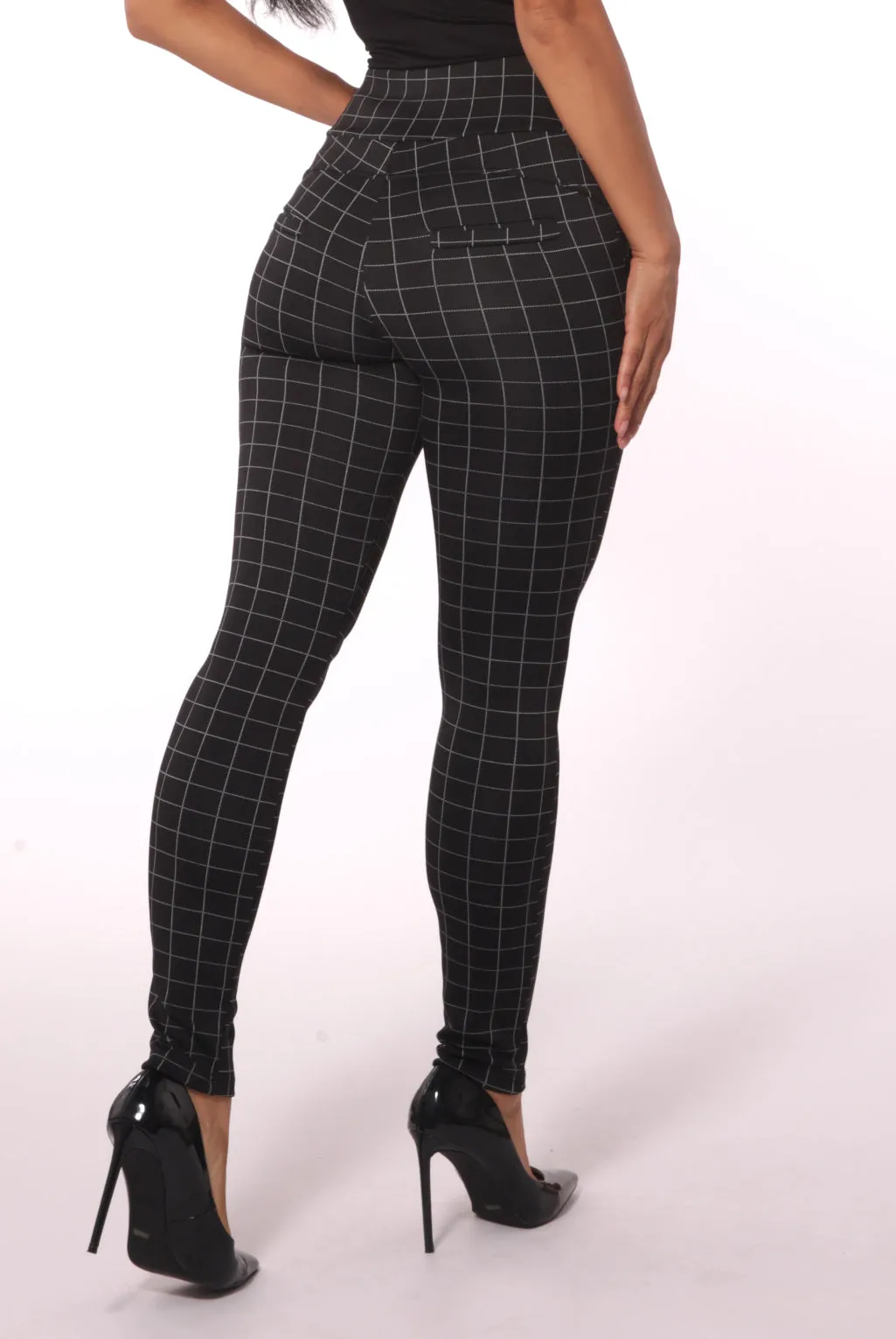 Sculpting Treggings With Waist Button Detail - Black & White Single Stripe Plaid