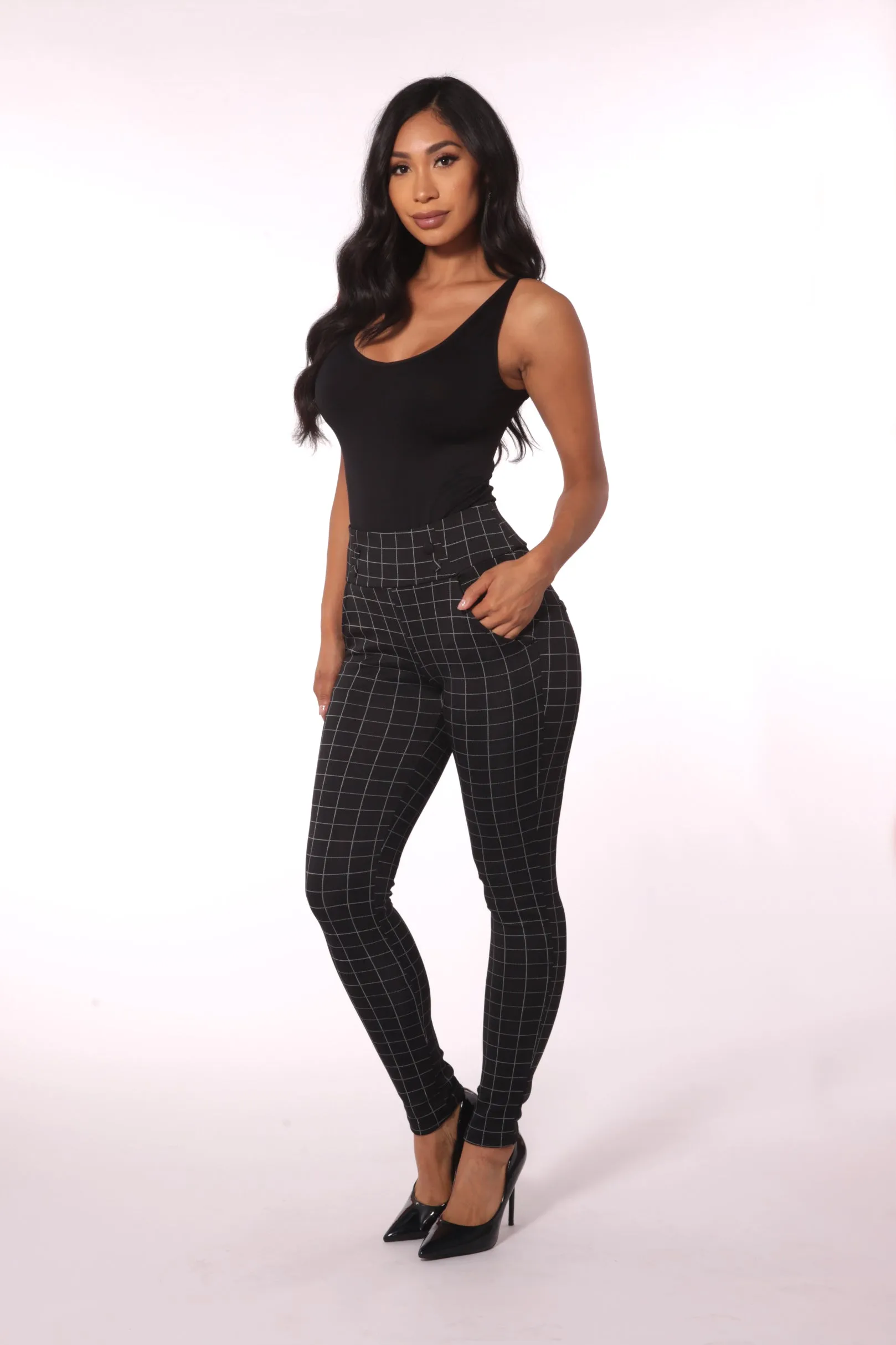 Sculpting Treggings With Waist Button Detail - Black & White Single Stripe Plaid