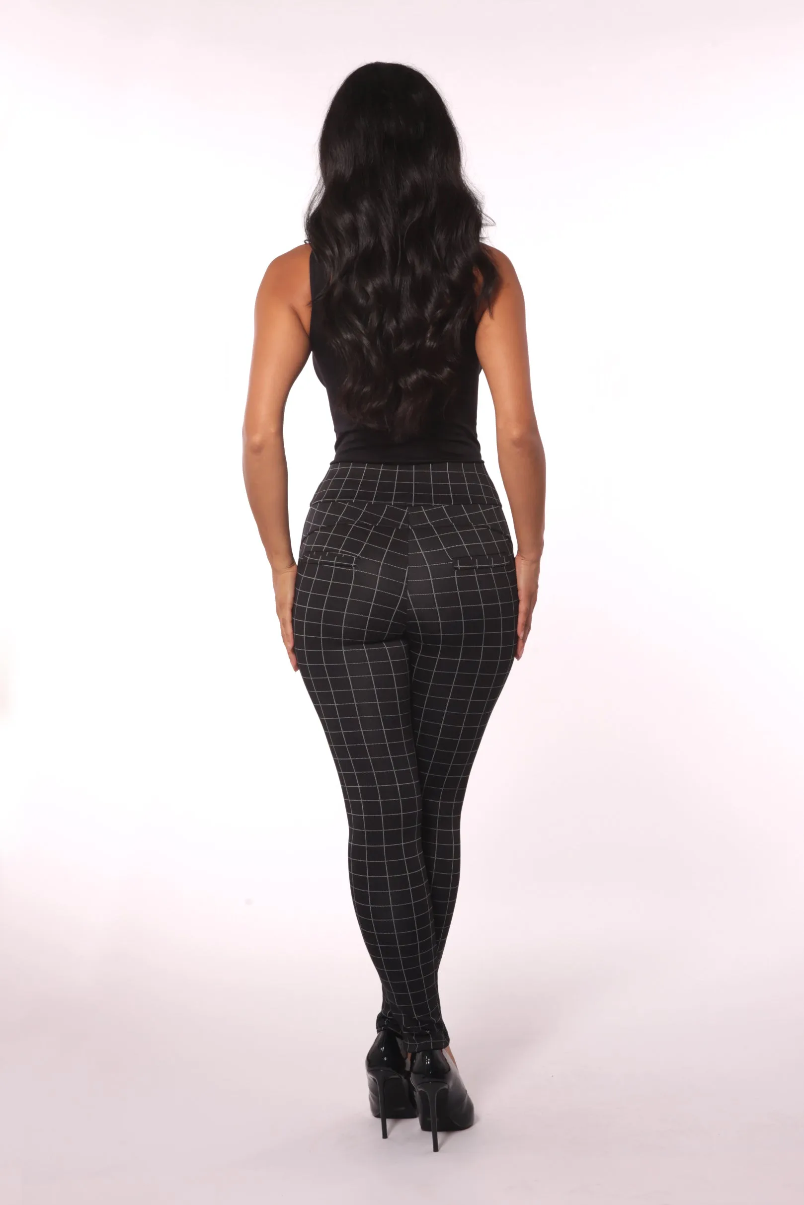 Sculpting Treggings With Waist Button Detail - Black & White Single Stripe Plaid