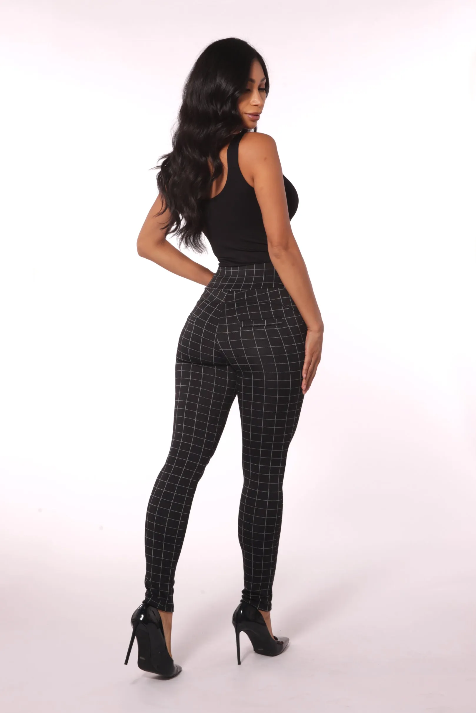 Sculpting Treggings With Waist Button Detail - Black & White Single Stripe Plaid