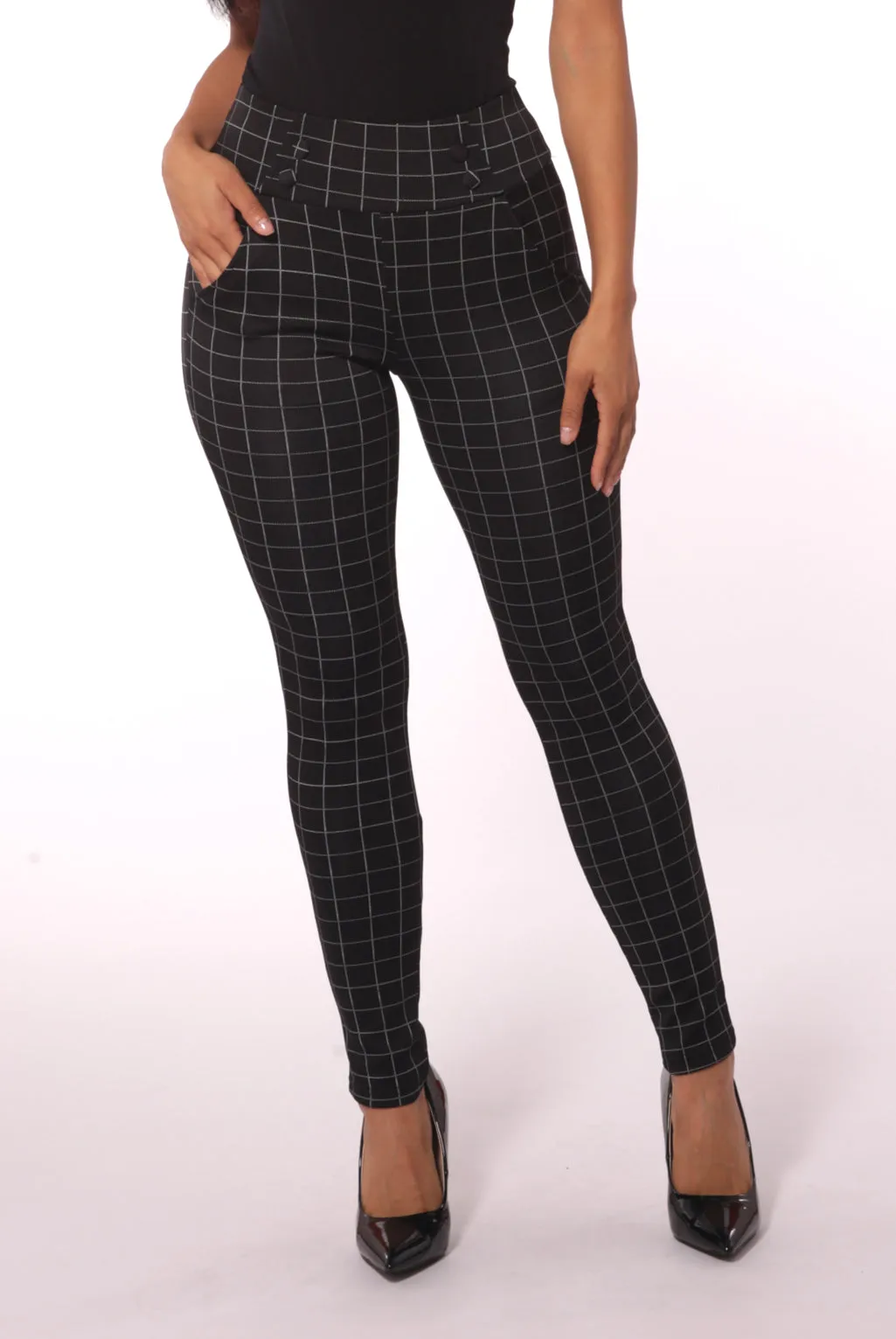 Sculpting Treggings With Waist Button Detail - Black & White Single Stripe Plaid