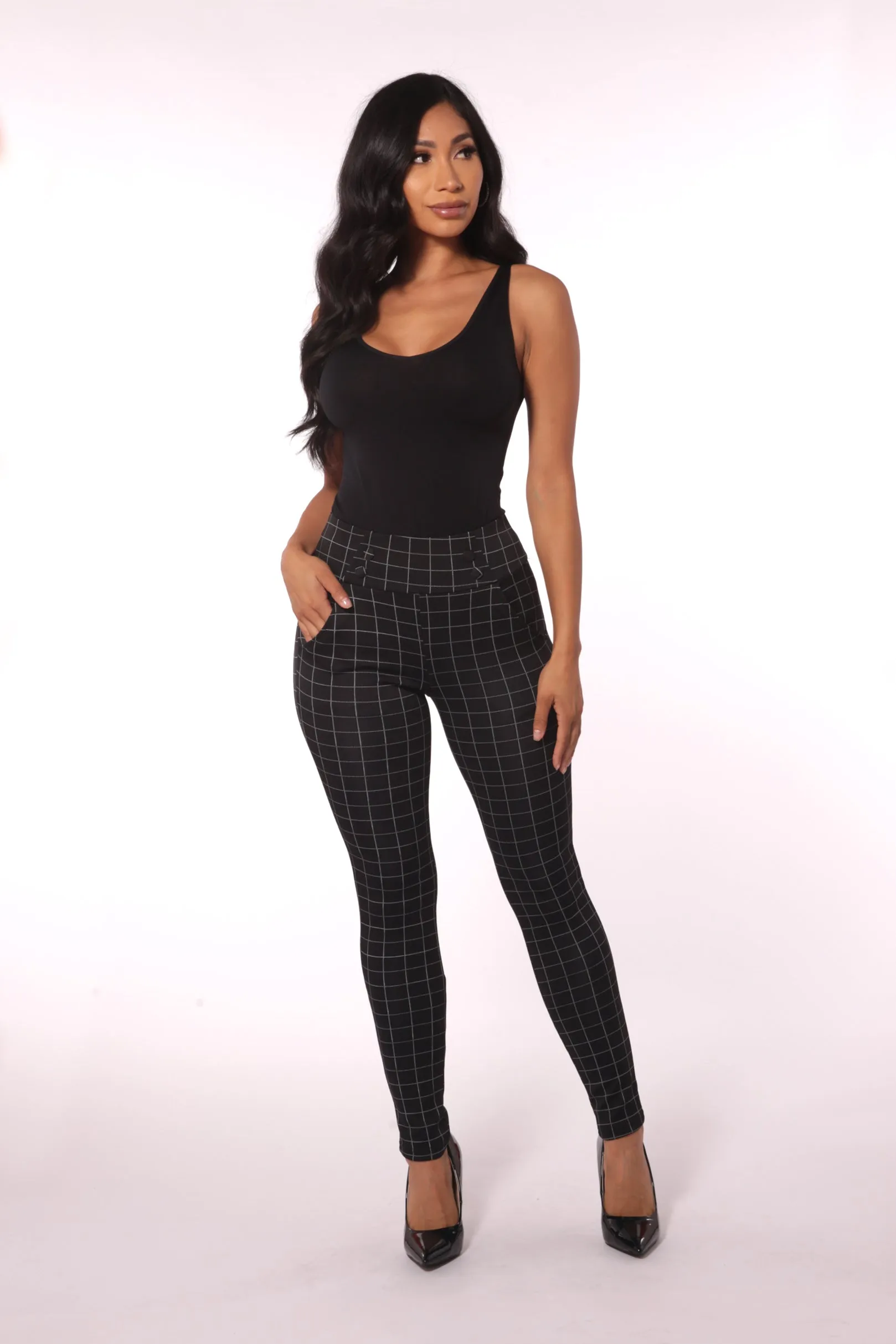 Sculpting Treggings With Waist Button Detail - Black & White Single Stripe Plaid