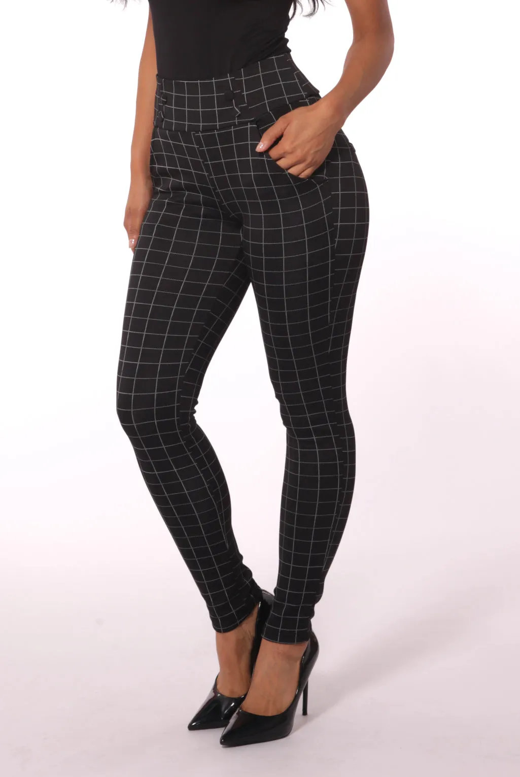 Sculpting Treggings With Waist Button Detail - Black & White Single Stripe Plaid