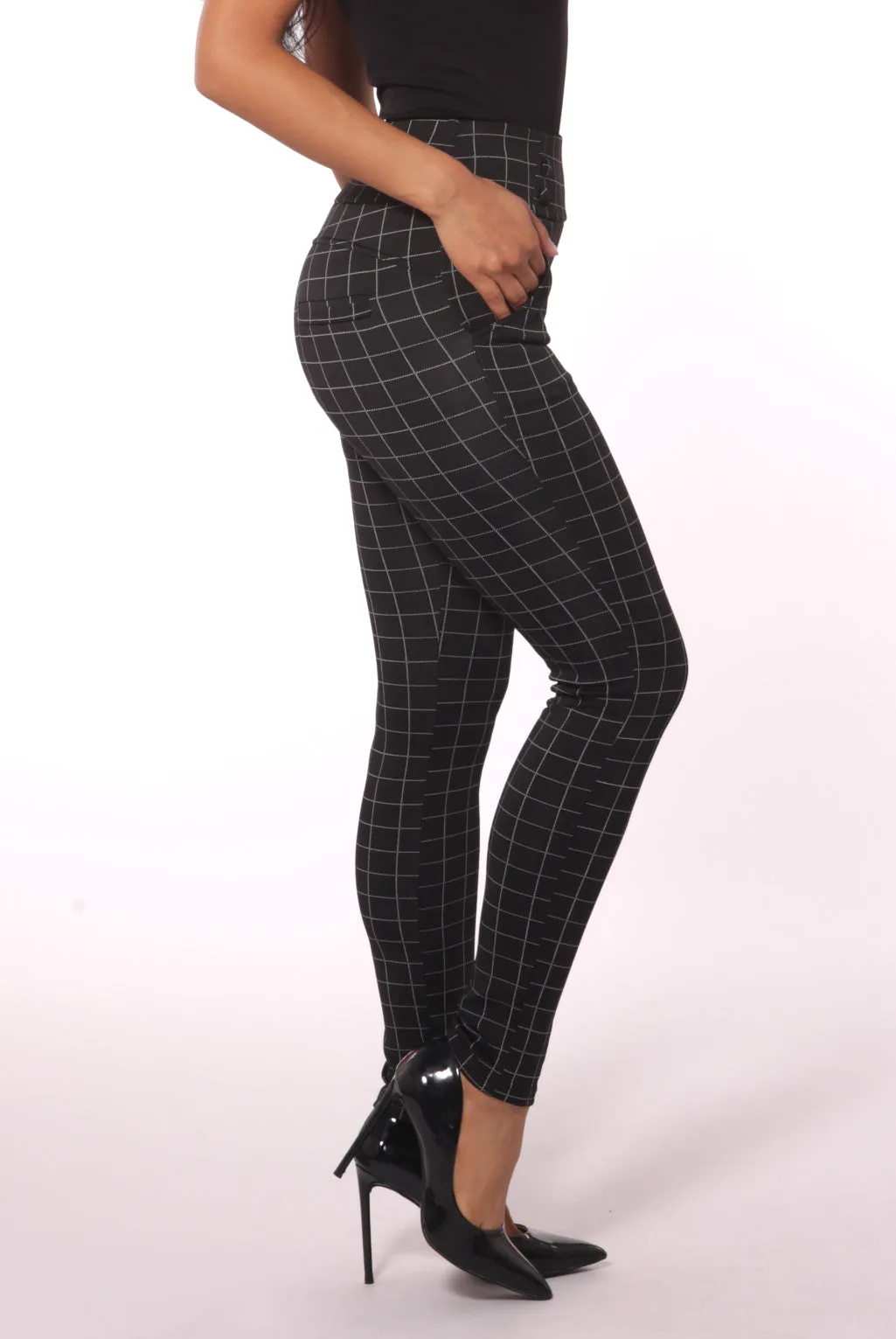 Sculpting Treggings With Waist Button Detail - Black & White Single Stripe Plaid