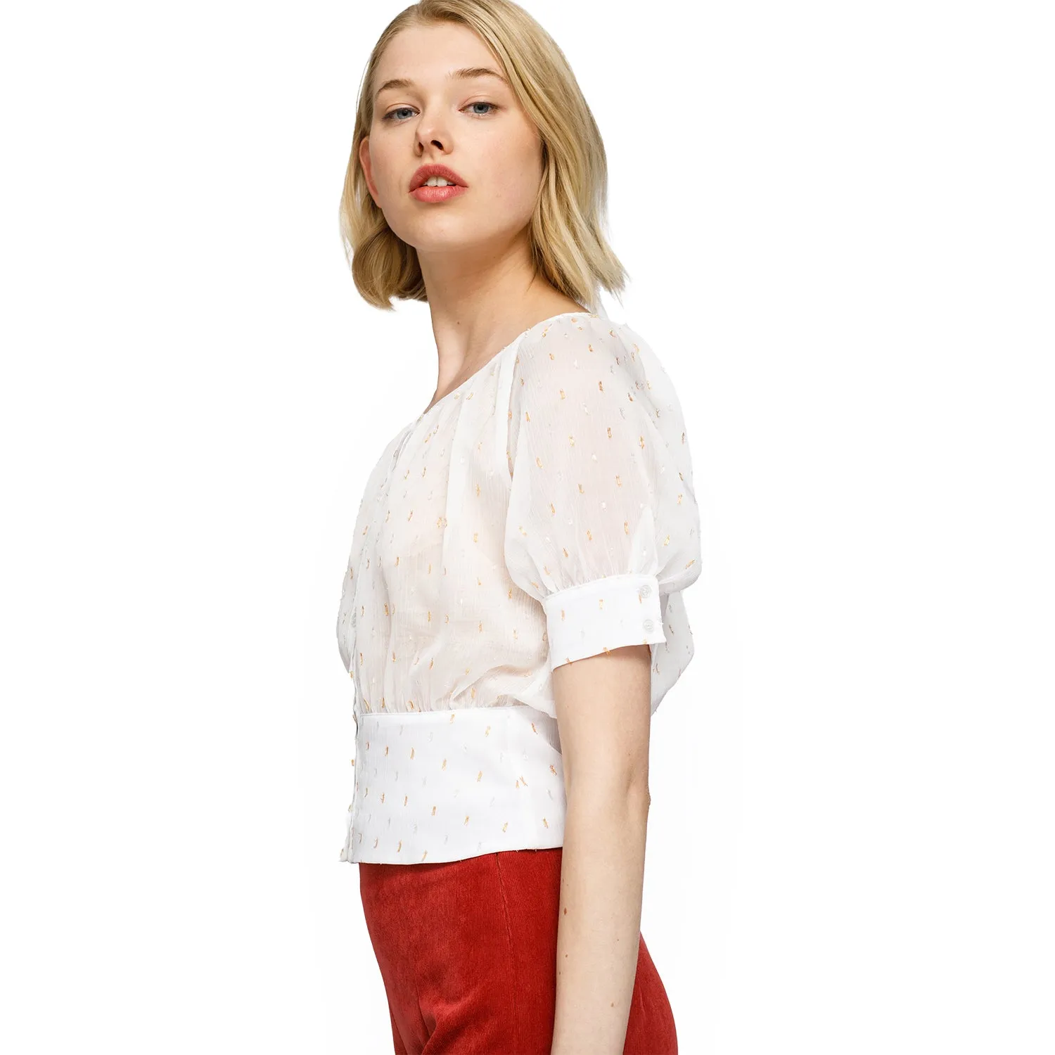 Sheer Puff Shoulder Crop Top Blouse In White