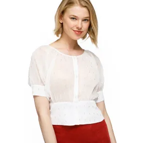 Sheer Puff Shoulder Crop Top Blouse In White