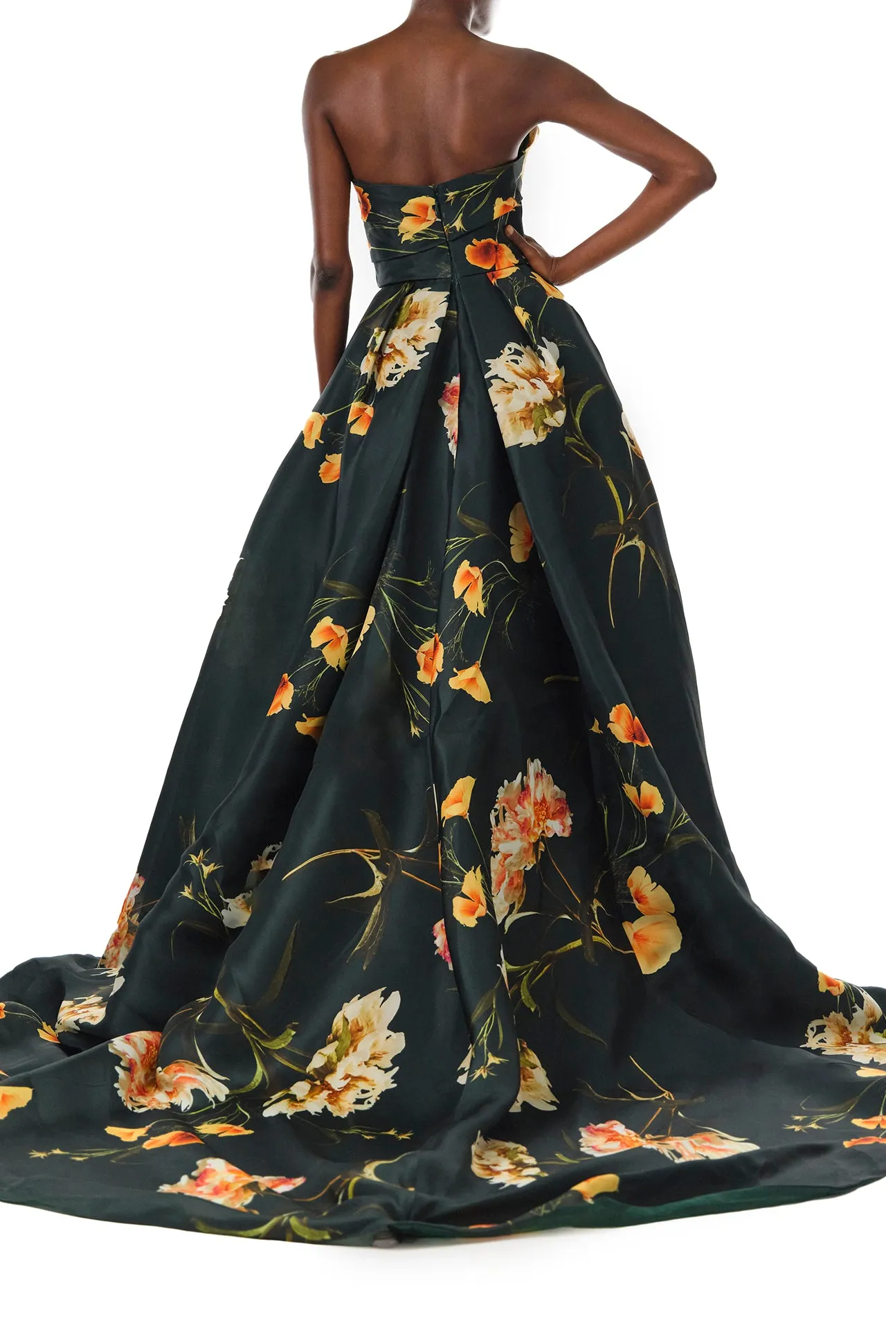 Strapless Draped Floral Ball Gown