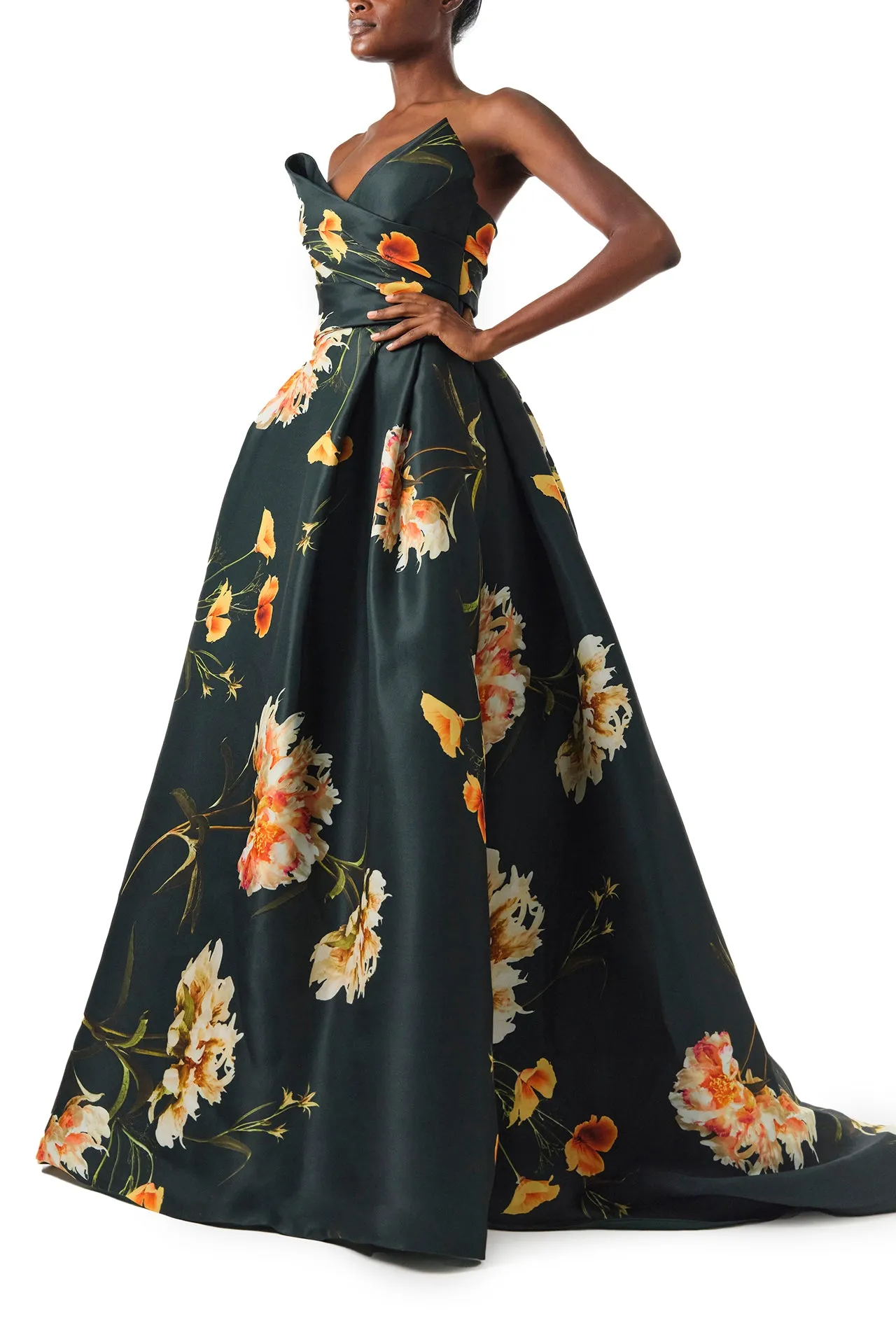 Strapless Draped Floral Ball Gown