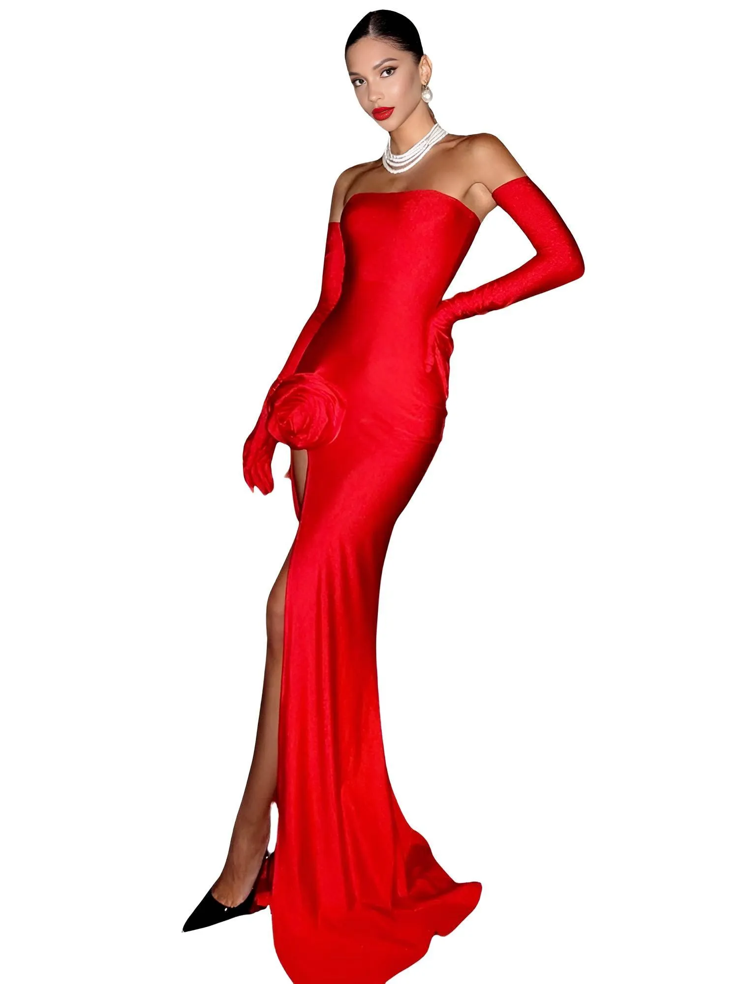 Strapless Sexy Maxi Dress With Gloves Women's Sleeveless High Split Long Dress