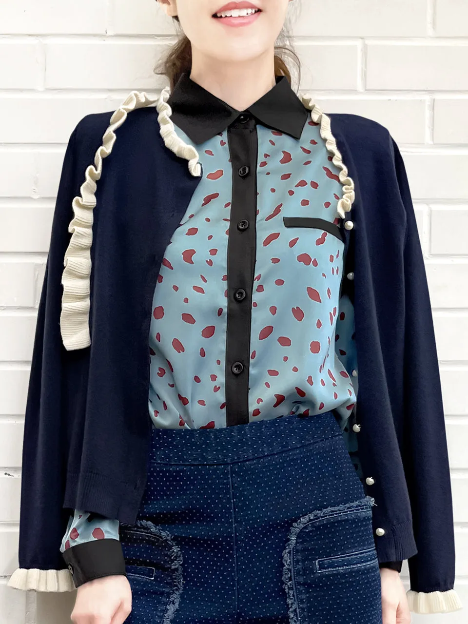 Surprise Sale! Irregular Dotty Print Contrast Detail Blouse (With Camisole Lining)