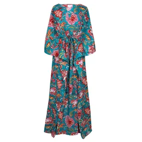 Tahitian Teal Floral Maxi Kaftan Dress