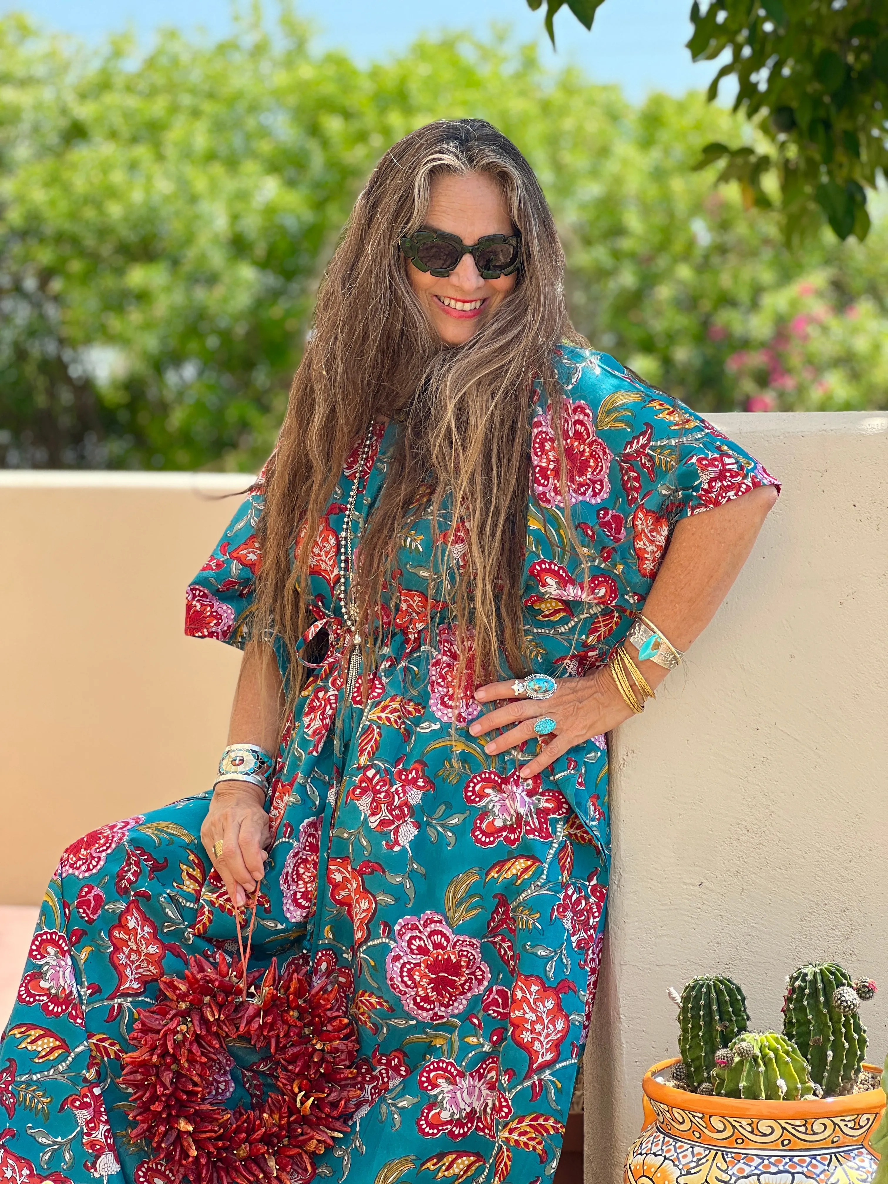 Tahitian Teal Floral Maxi Kaftan Dress