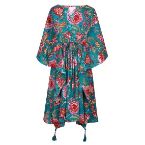 Tahitian Teal Floral Midi Kaftan Dress