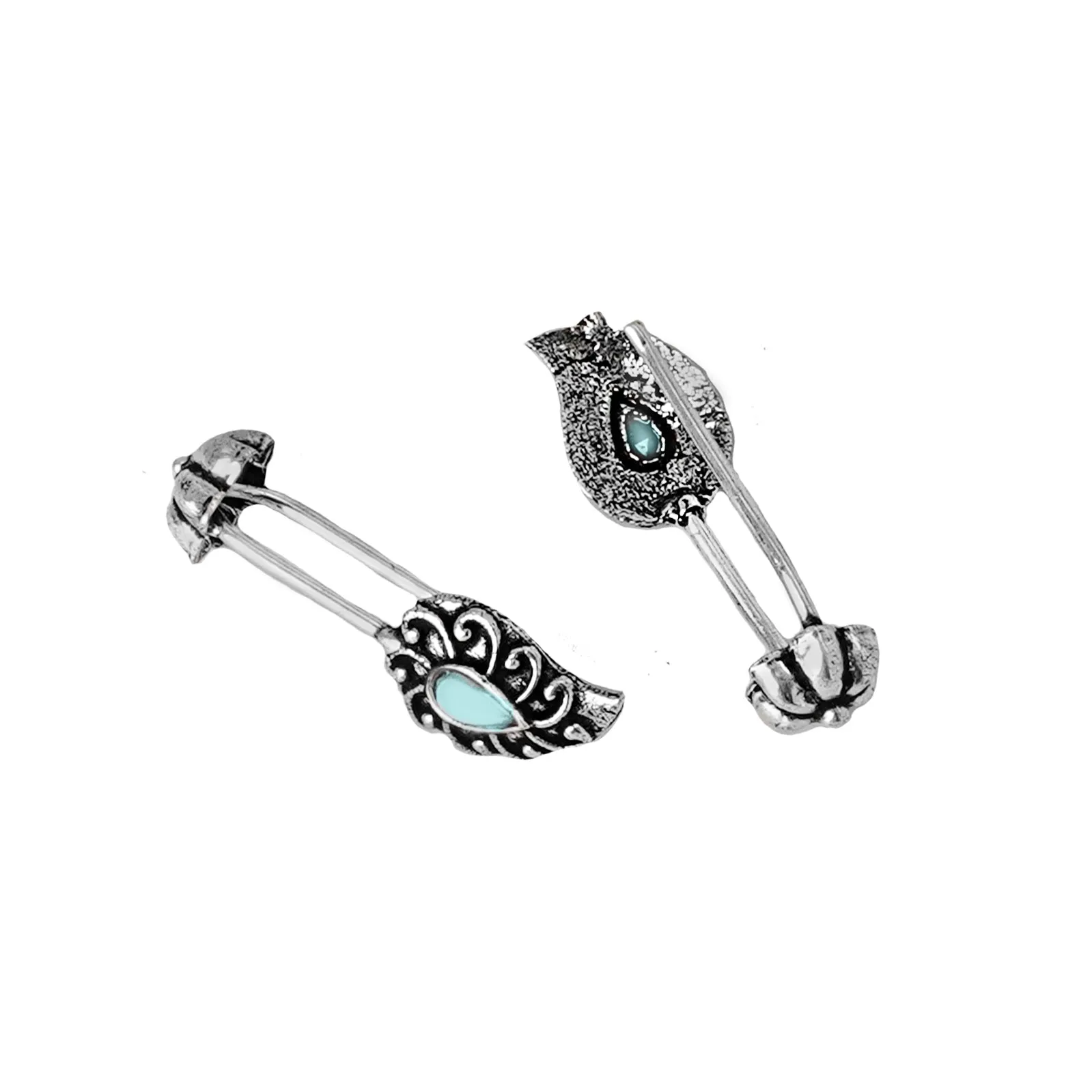 Teejh  Mitali Blue Stone Silver Oxidsed Clip On Bugadi