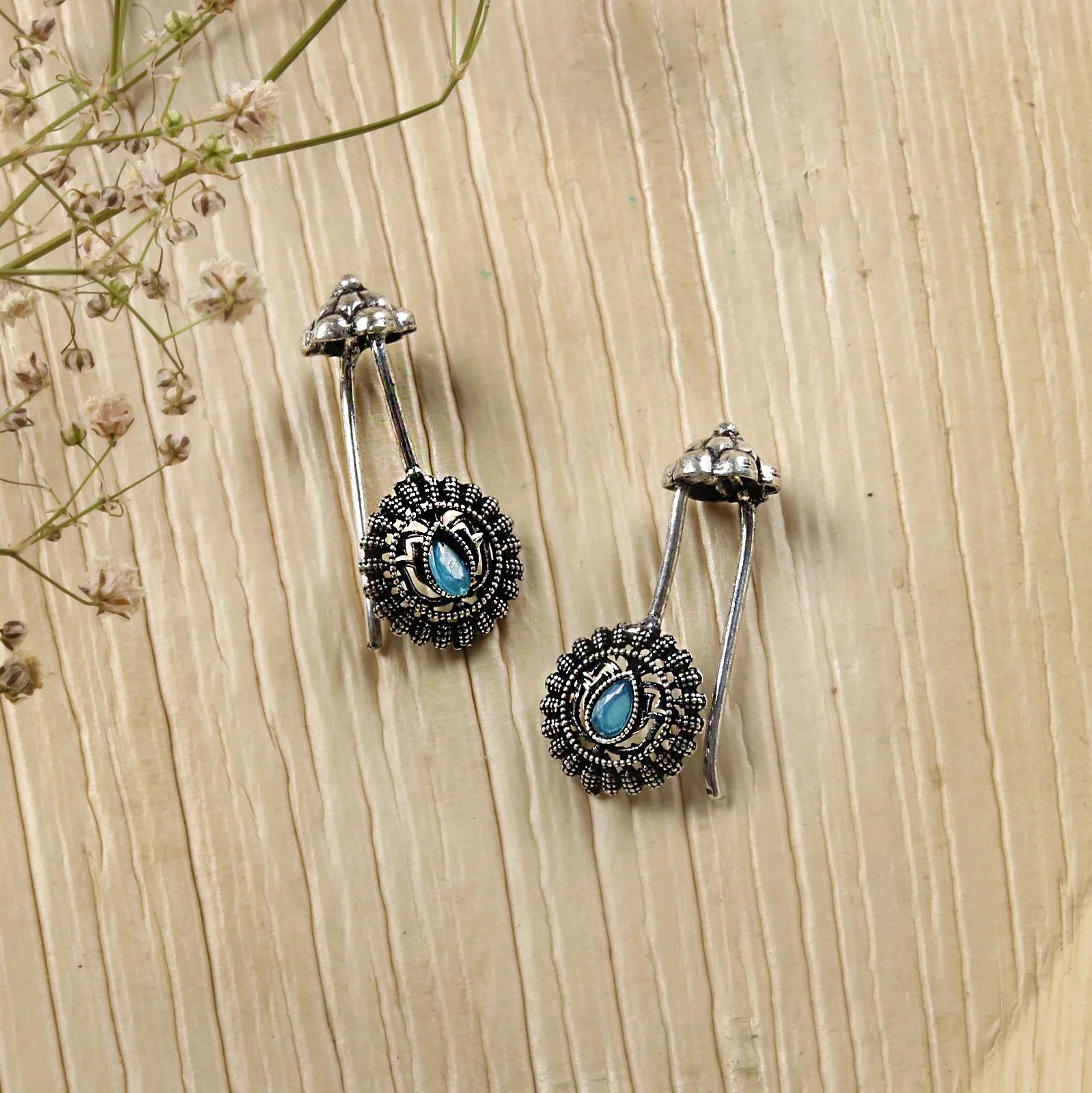 Teejh  Nitara Light Blue Stone Silver Oxidised Clip On Bugadi