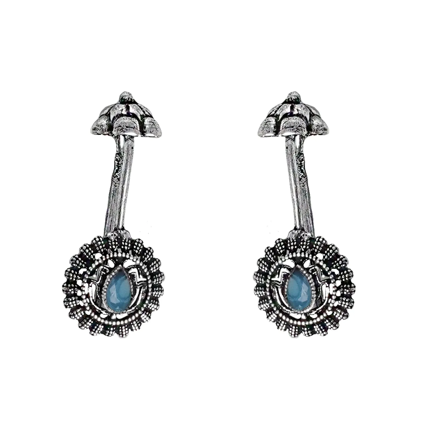 Teejh  Nitara Light Blue Stone Silver Oxidised Clip On Bugadi