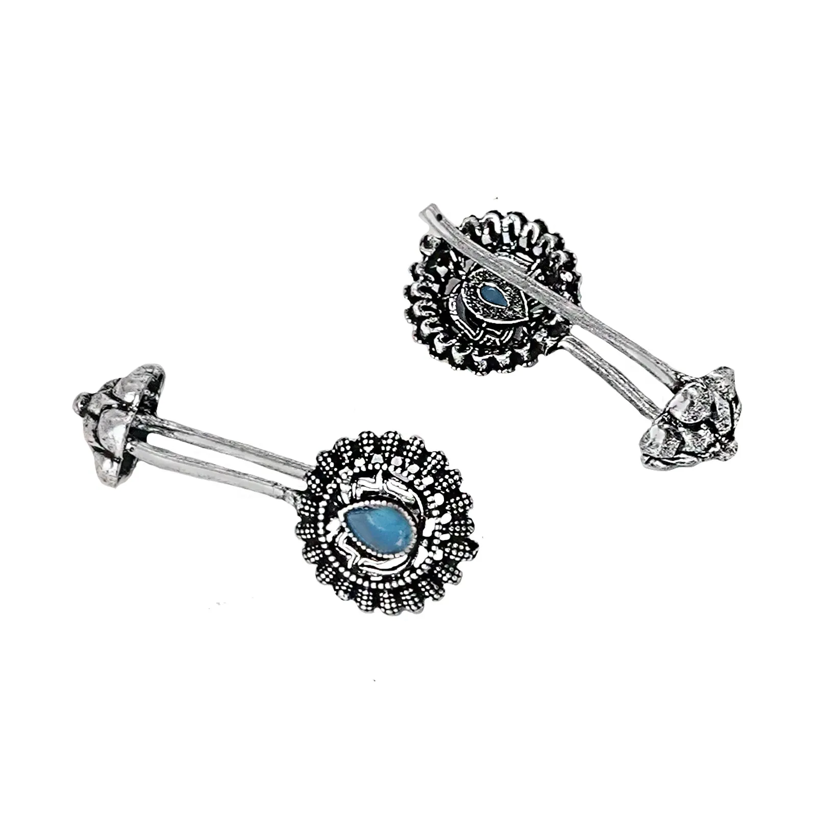 Teejh  Nitara Light Blue Stone Silver Oxidised Clip On Bugadi