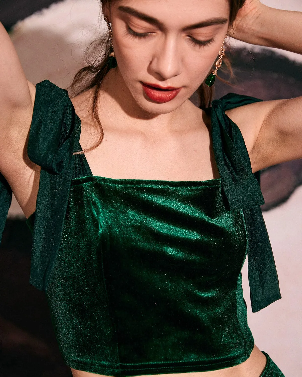 The Green Shirred Velvet Cami Top