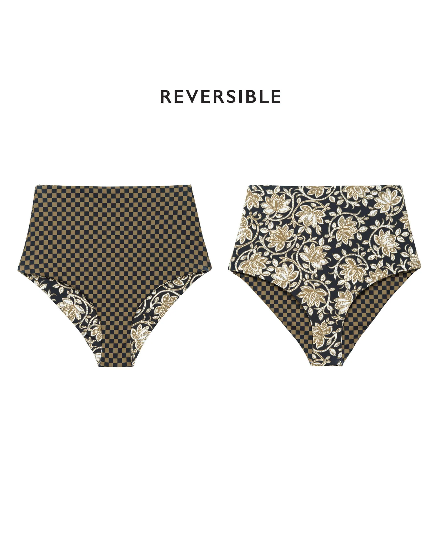 The Reversible Mid-Rise Brief. -- Black Oasis Floral and Bronze Check