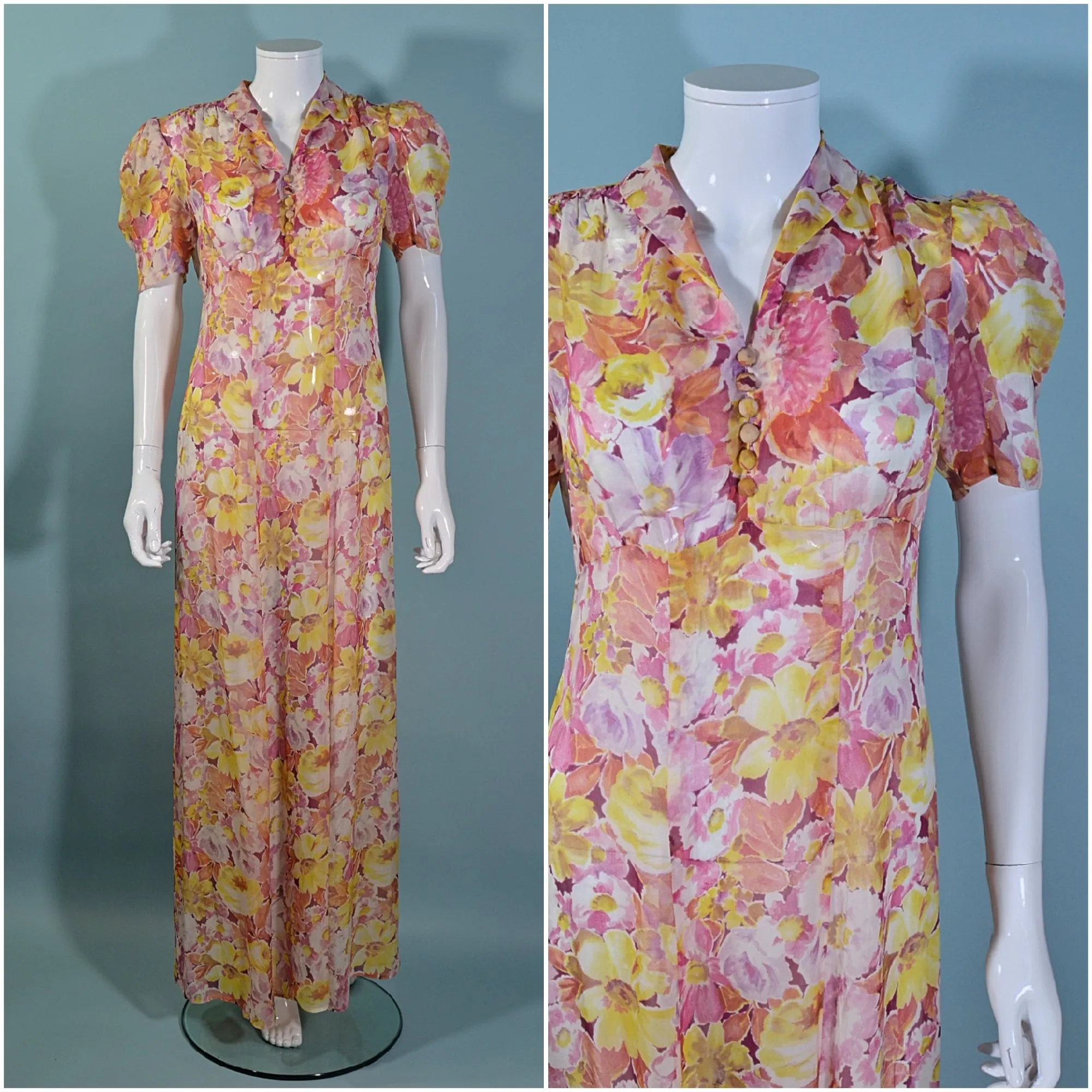 Vintage 1930s Sheer Floral Print Maxi Dress Puff Sleeves