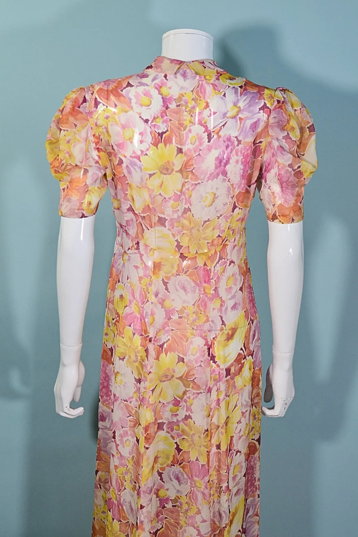 Vintage 1930s Sheer Floral Print Maxi Dress Puff Sleeves