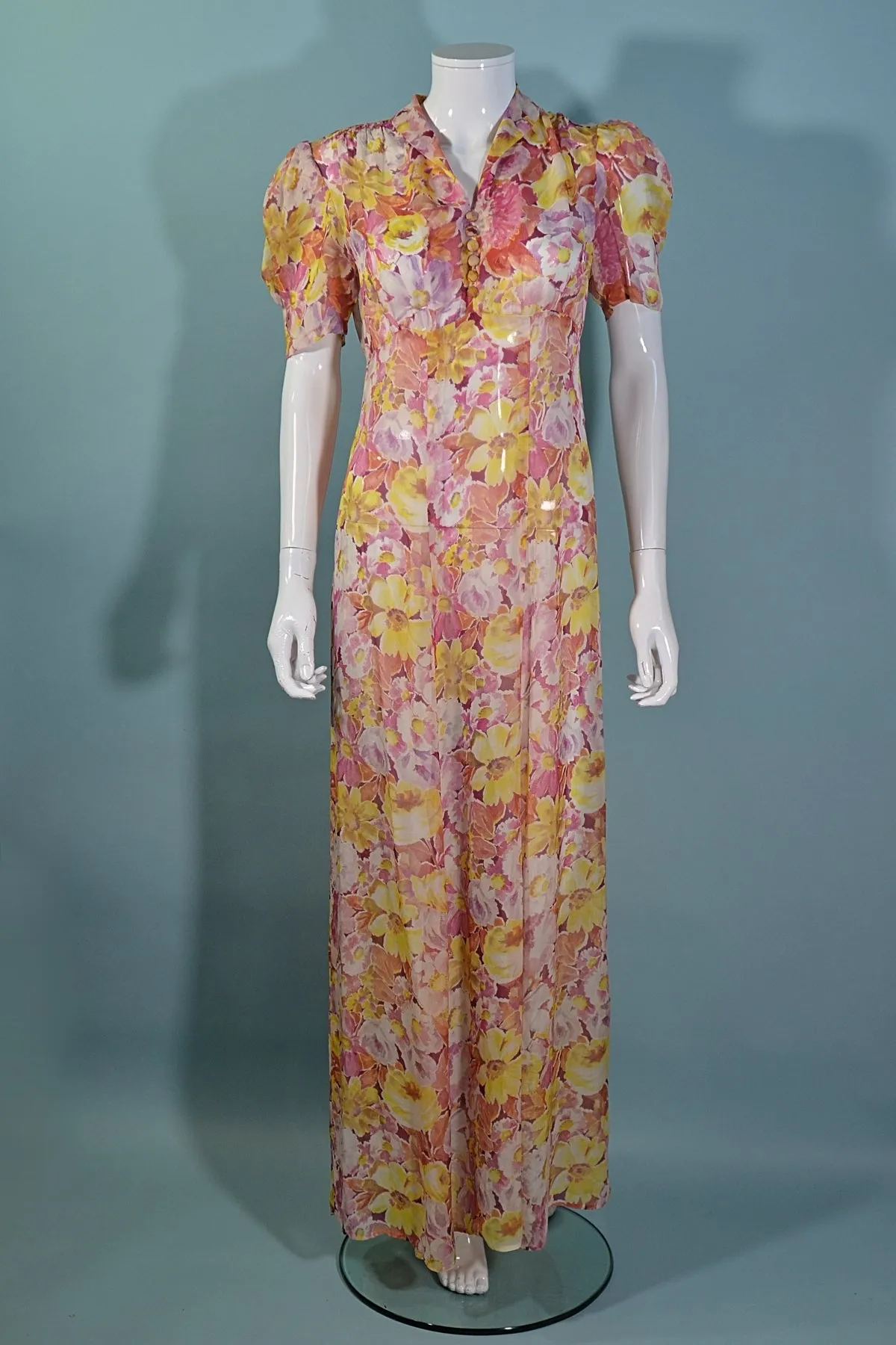 Vintage 1930s Sheer Floral Print Maxi Dress Puff Sleeves