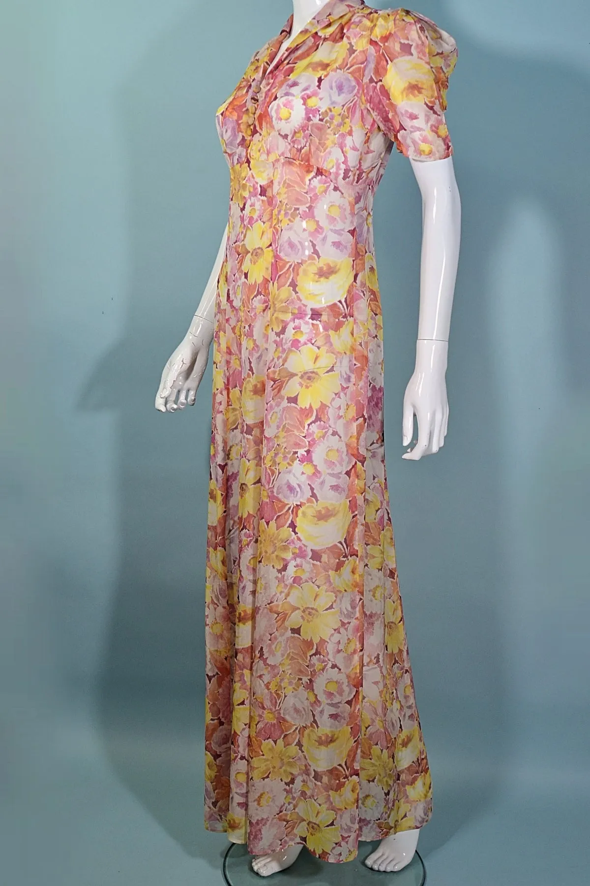 Vintage 1930s Sheer Floral Print Maxi Dress Puff Sleeves