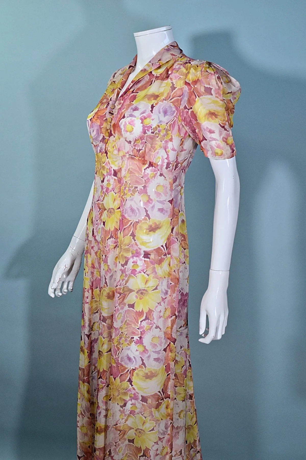 Vintage 1930s Sheer Floral Print Maxi Dress Puff Sleeves