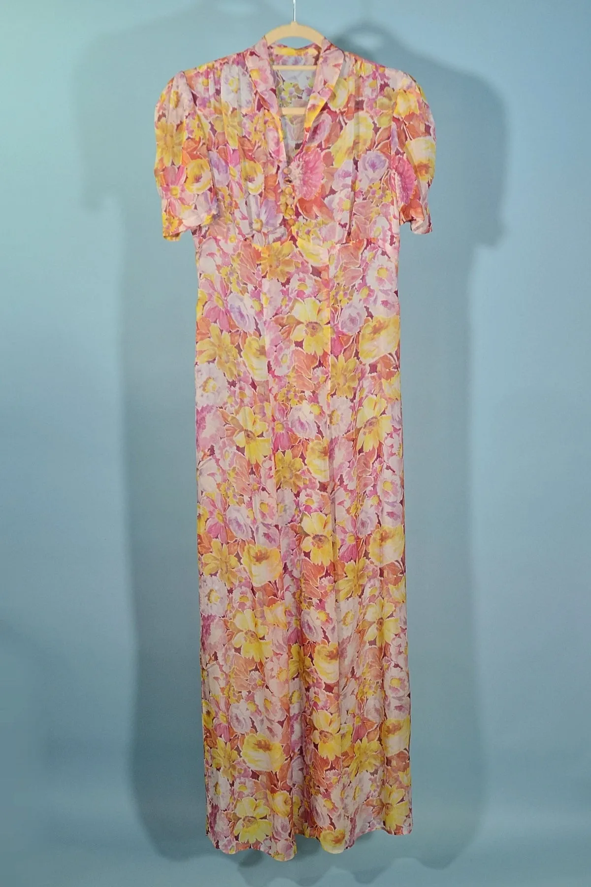 Vintage 1930s Sheer Floral Print Maxi Dress Puff Sleeves