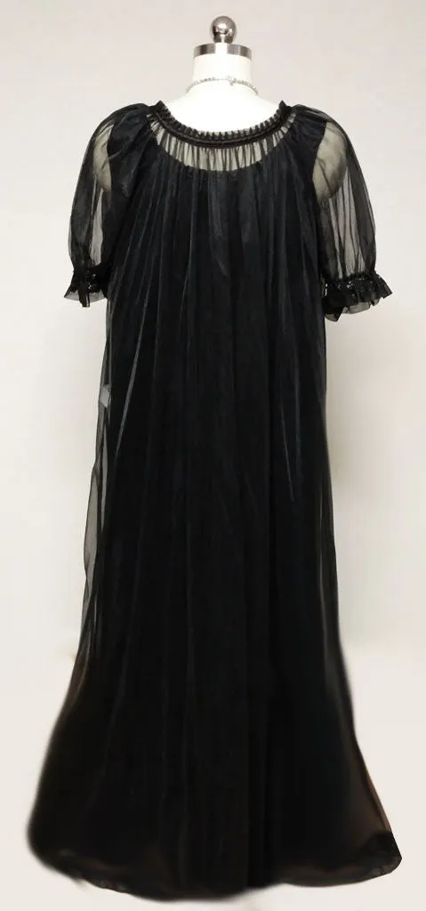 VINTAGE 60s / '70s TOSCA LINGERIE SHEER BLACK PEIGNOIR & DOUBLE NYLON NIGHTGOWN SET