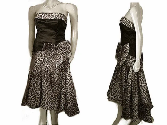 *VINTAGE SAN-MARTIN BLACK SATIN & LEOPARD TAFFETA EVENING GOWN WITH RHINESTONE BOW & ATTACHED CRINOLINE