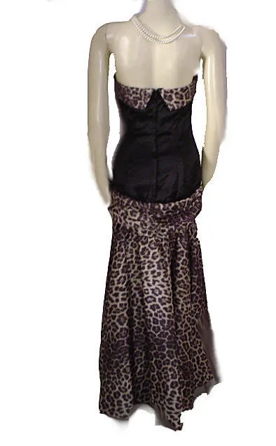 *VINTAGE SAN-MARTIN BLACK SATIN & LEOPARD TAFFETA EVENING GOWN WITH RHINESTONE BOW & ATTACHED CRINOLINE