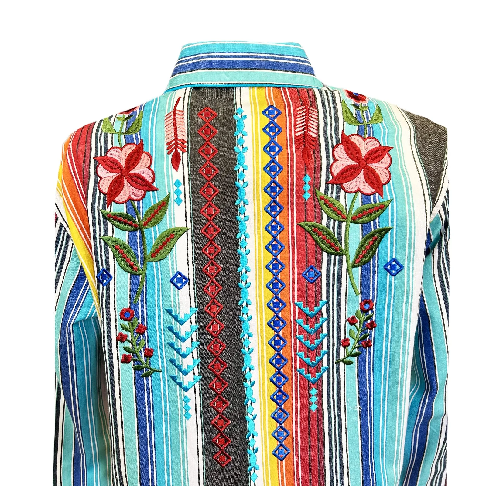 Women's Boho Serape Stripe Western Shirt with Cascading Embroidery