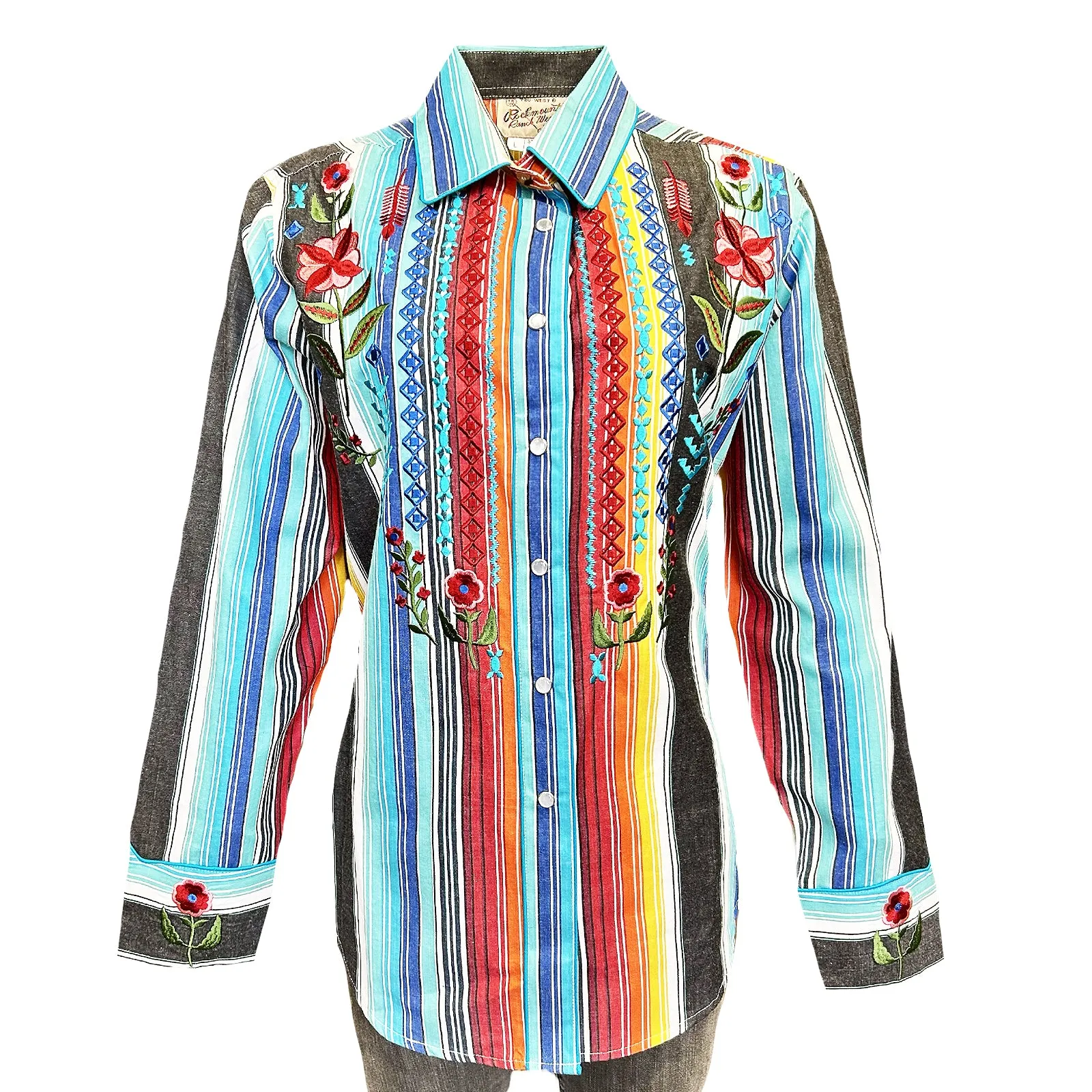 Women's Boho Serape Stripe Western Shirt with Cascading Embroidery