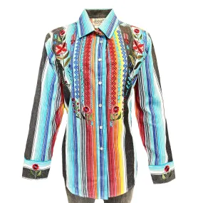 Women's Boho Serape Stripe Western Shirt with Cascading Embroidery