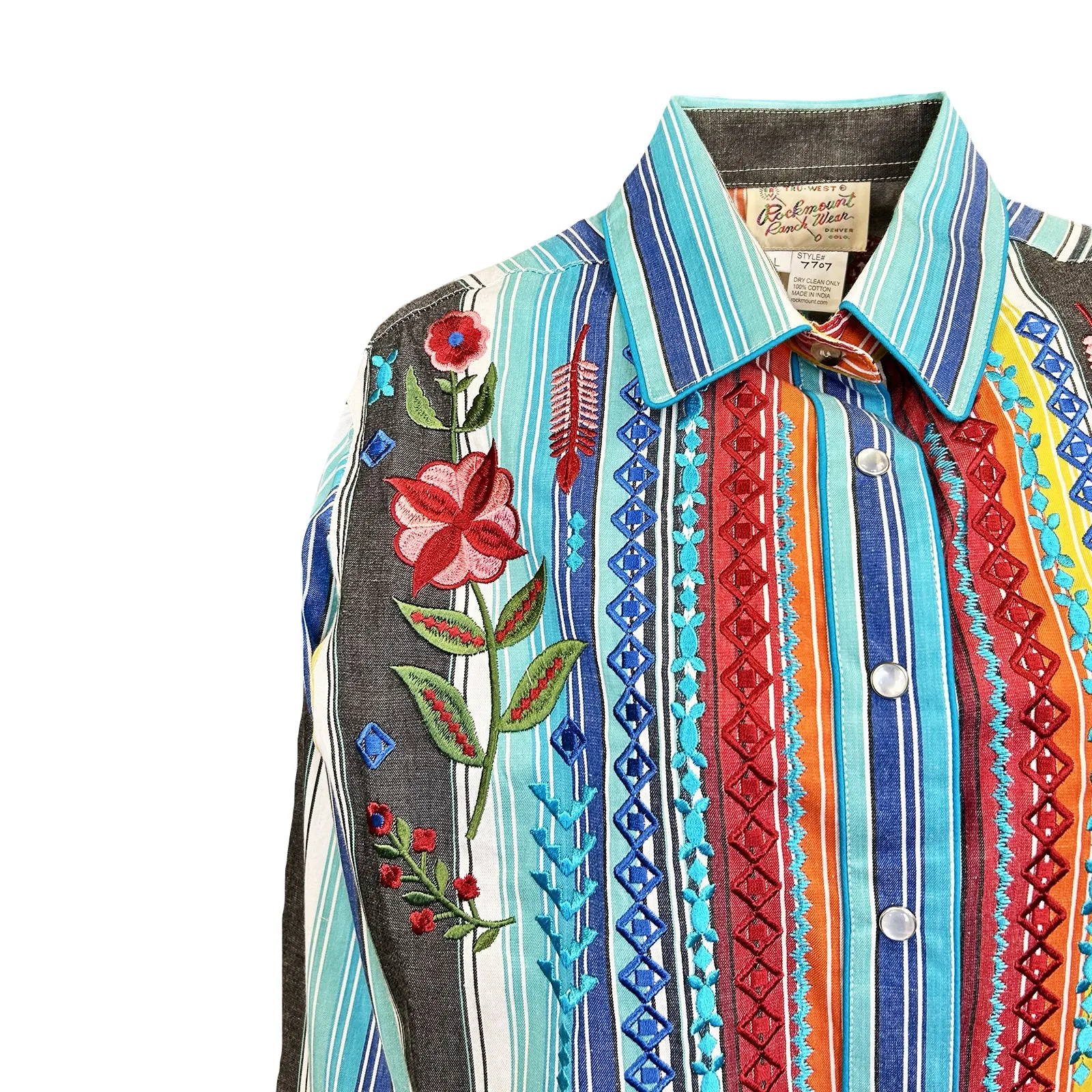 Women's Boho Serape Stripe Western Shirt with Cascading Embroidery