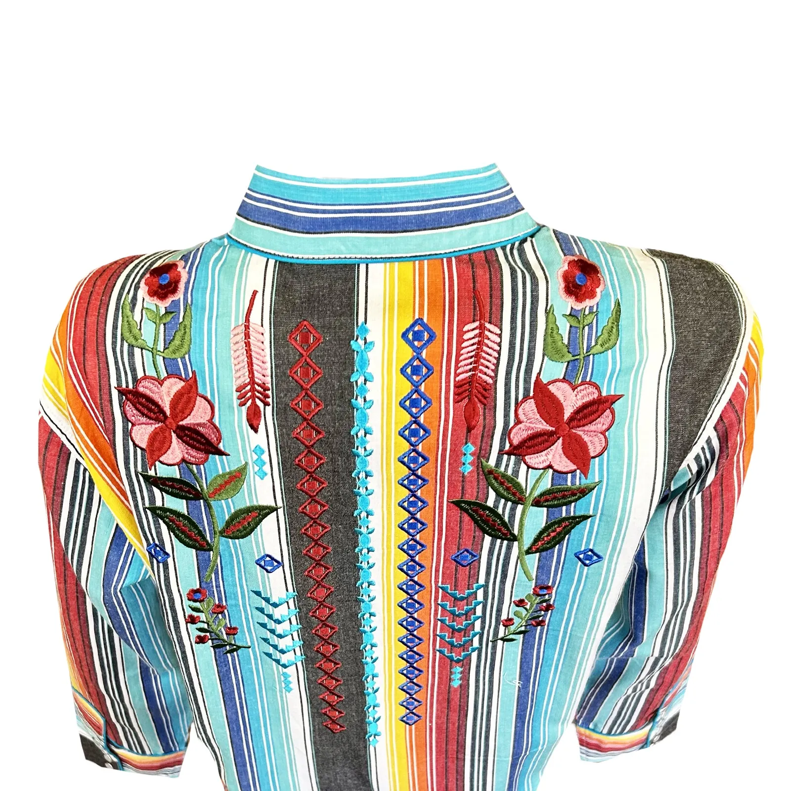 Women's Boho Serape Stripe Western Shirt with Cascading Embroidery