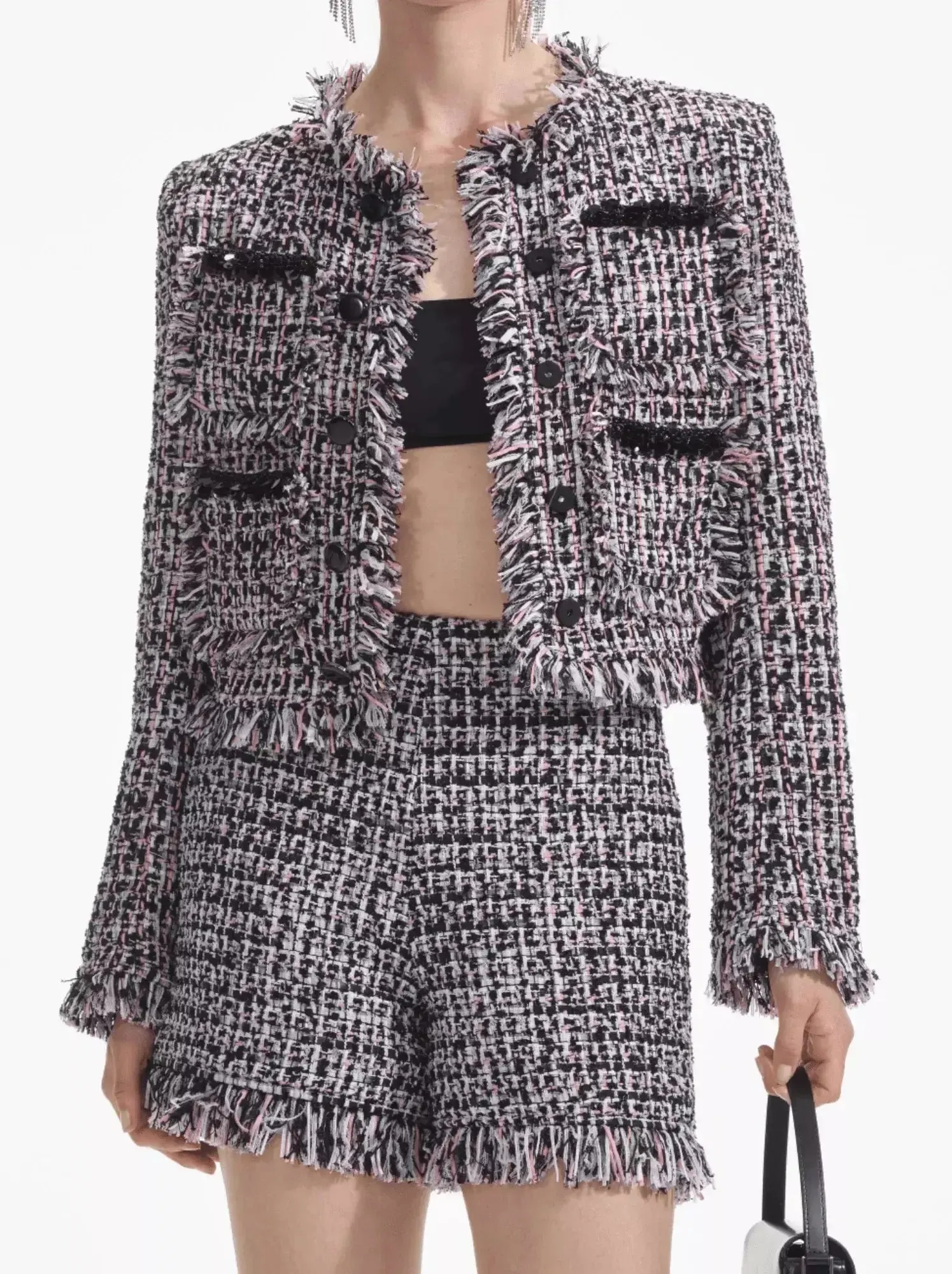 Women’s Boucle Fringed Tweed Jacket and Short Set with Black Embellished Trim