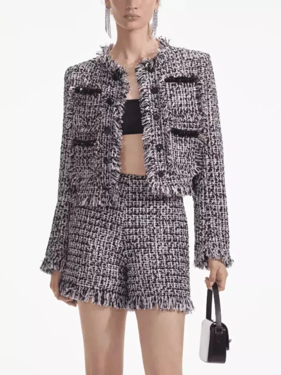 Women’s Boucle Fringed Tweed Jacket and Short Set with Black Embellished Trim