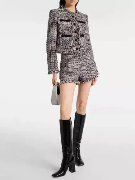 Women’s Boucle Fringed Tweed Jacket and Short Set with Black Embellished Trim