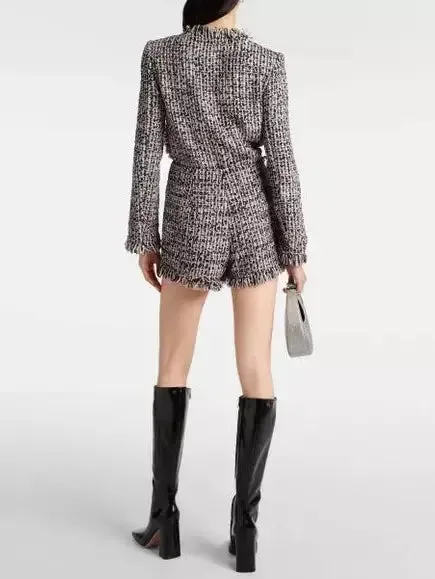 Women’s Boucle Fringed Tweed Jacket and Short Set with Black Embellished Trim