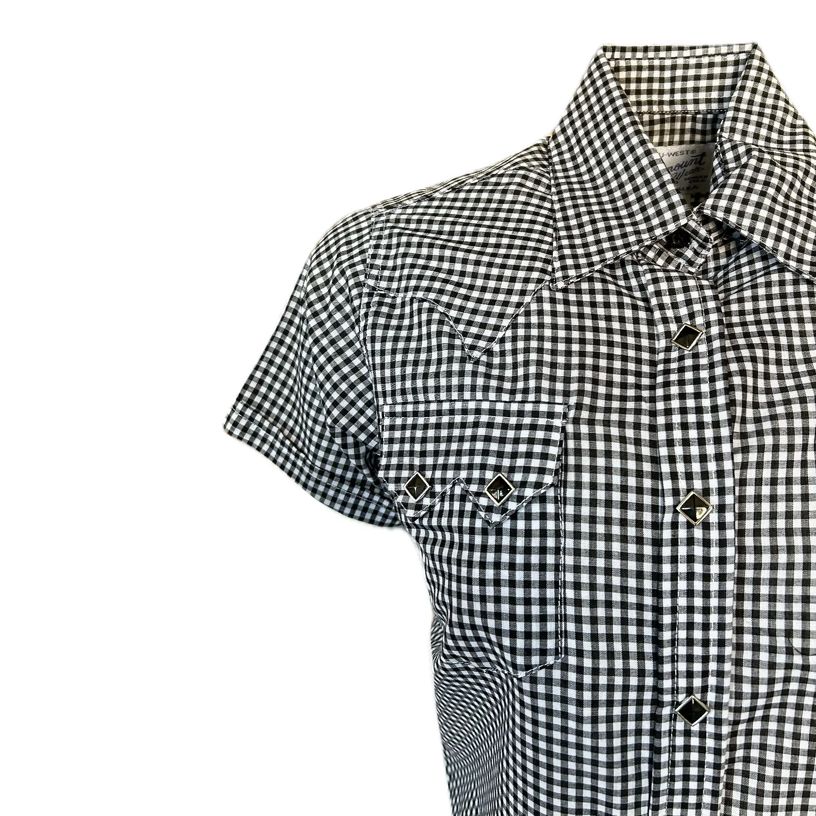 Women's Short Sleeve Black Gingham Check Western Shirt