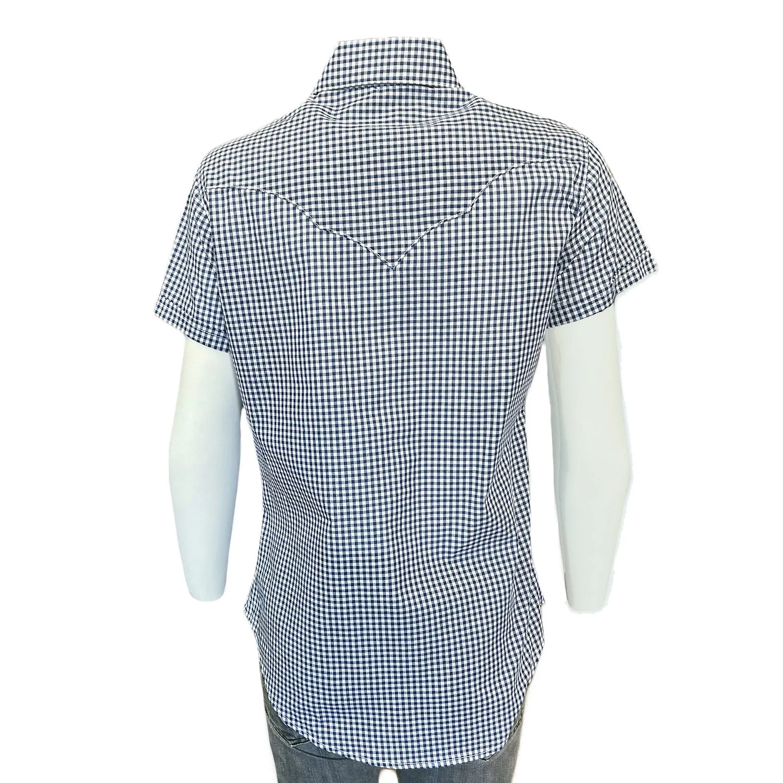 Women's Short Sleeve Navy Gingham Check Western Shirt