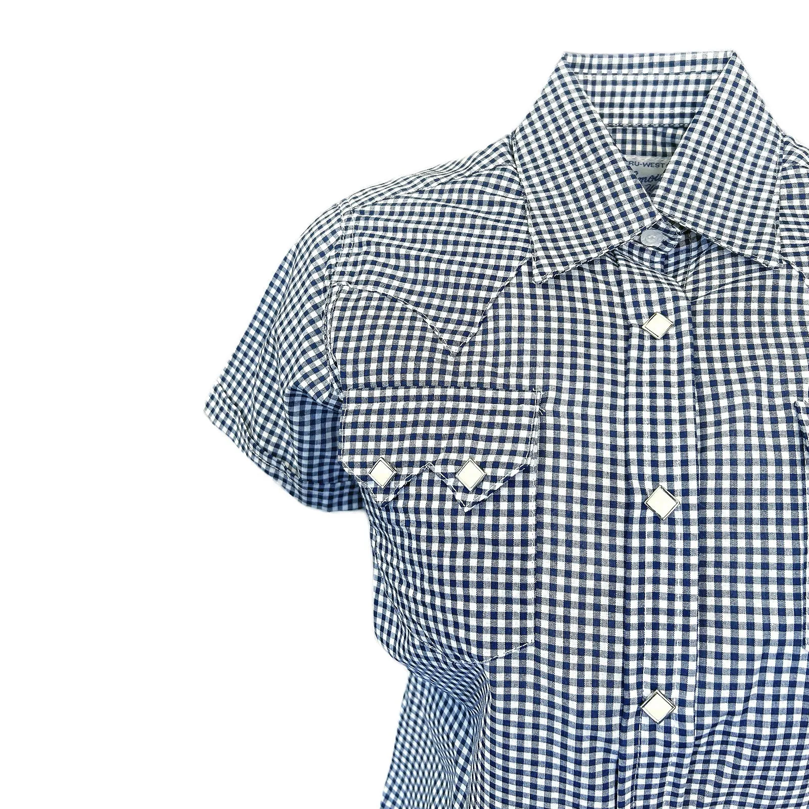 Women's Short Sleeve Navy Gingham Check Western Shirt