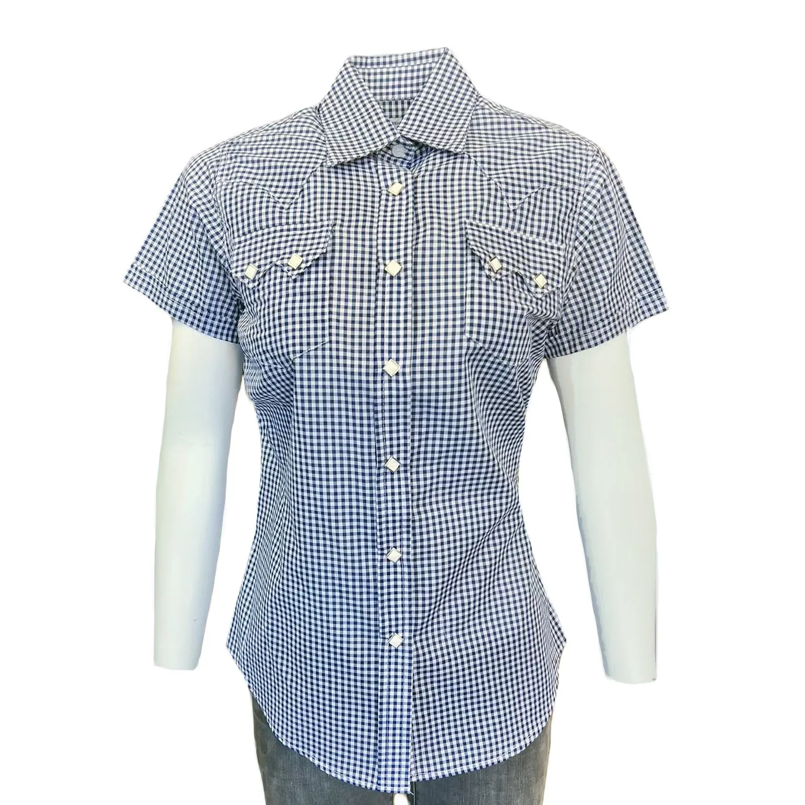 Women's Short Sleeve Navy Gingham Check Western Shirt