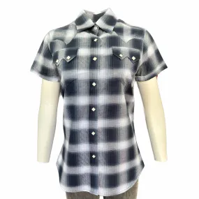 Women's Short Sleeve Shadow Plaid Western Shirt in Blue