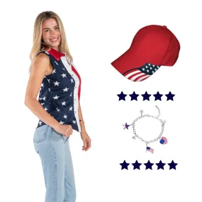 Women's Stars and Stripes Sleeveless with Hat and Bracelet