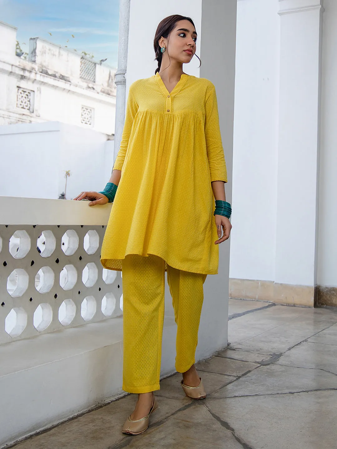 Yellow Cotton Jacquard Self Design Gathered Co-Ord Set